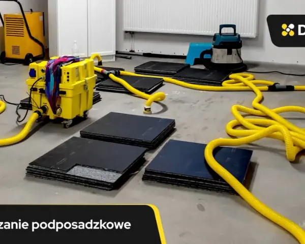 Profesjonalne osuszanie podposadzkowe z użyciem żółtych węży i żółtej maszyny. Sprawdź naszą ofertę i poznaj osuszanie podposadzkowe cena.