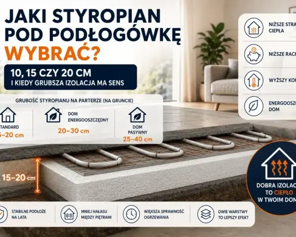 Przekrój podłogi z ogrzewaniem, pokazujący różne grubości styropianu: 15-20 cm dla standardu, 20-30 cm dla domu energooszczędnego, 25-40 cm dla domu pasywnego.