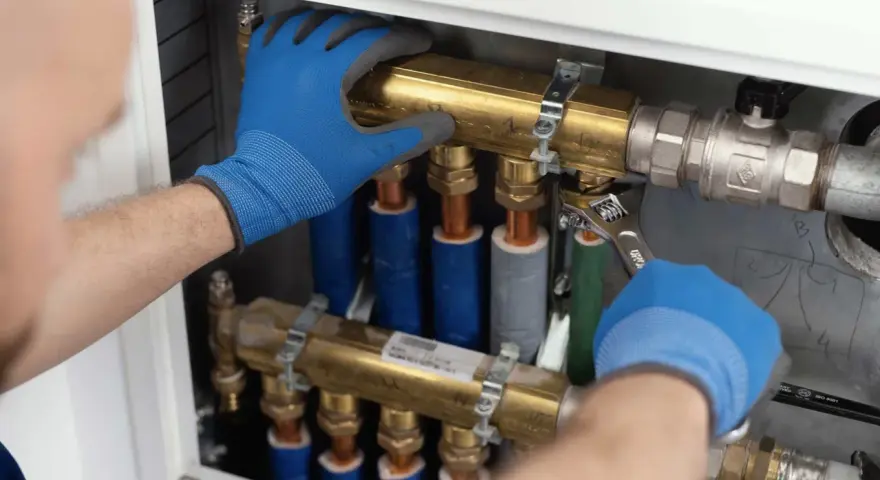 Ręce w niebieskich rękawiczkach dokręcają kluczem mosiężny element instalacji hydraulicznej w domu.