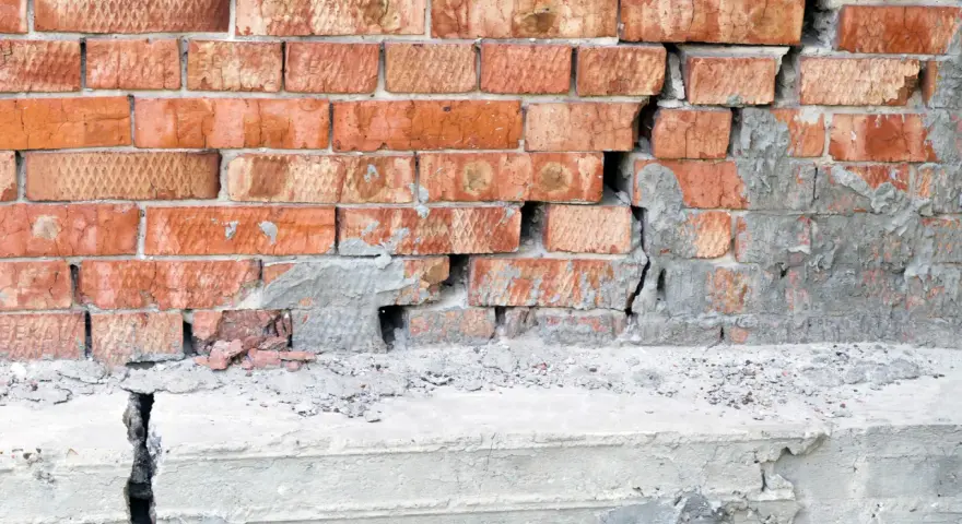 Uszkodzona ceglana ściana z pękniętym betonowym fundamentem. Podbijanie fundamentów cena – pilna naprawa.