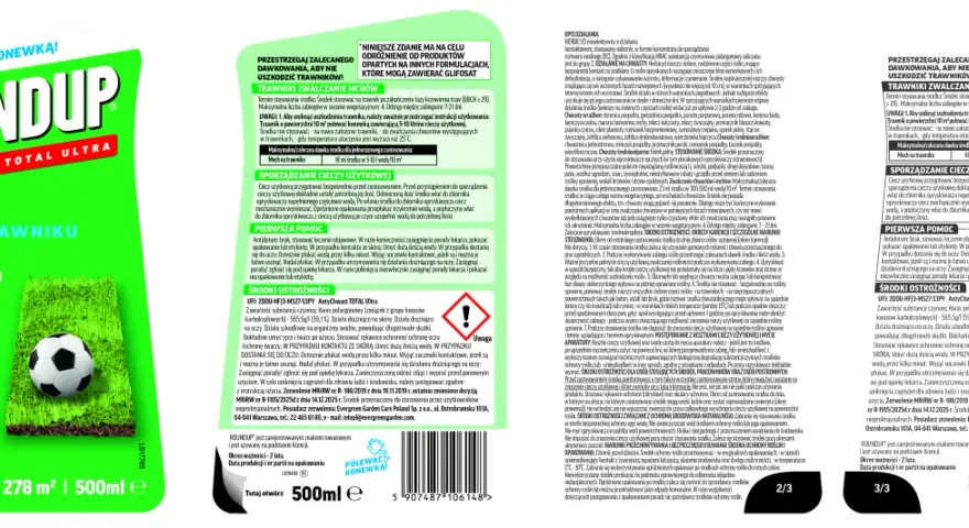 Roundup Antychwast Total Ultra: zwalcza mech na trawniku, bezpieczny dla trawnika. Stosuj zgodnie z zaleceniami, aby uzyskać najlepsze rezultaty. Roundup jakie proporcje? 18 ml środka na 5-10 l wody/10 m².
