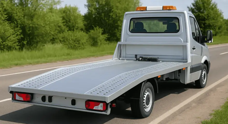 Srebrna autolaweta z pomarańczowymi światłami ostrzegawczymi, gotowa do transportu. Wynajem autolawety kat C.
