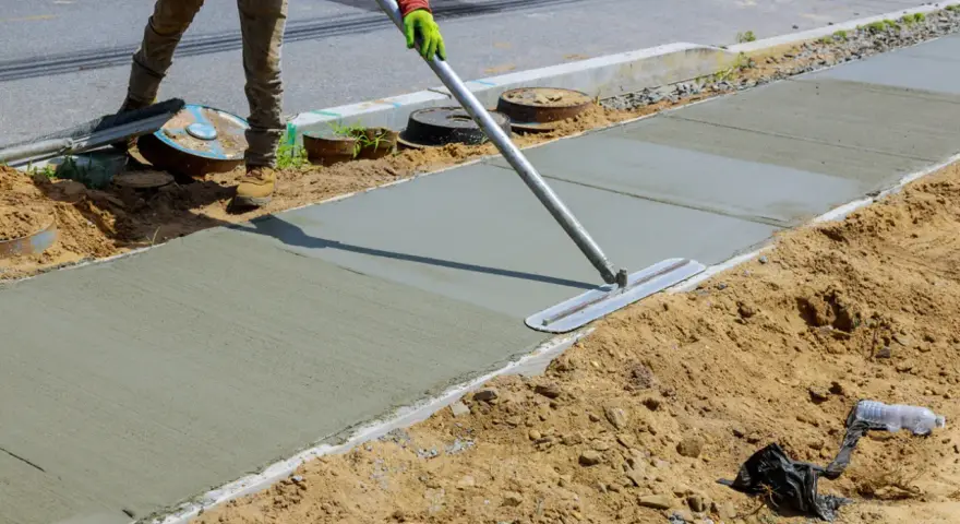 Robotnik wygładza świeży beton na chodniku. Prawdopodobnie używa mieszanki beton C20/25, której proporcje zapewniają trwałość.