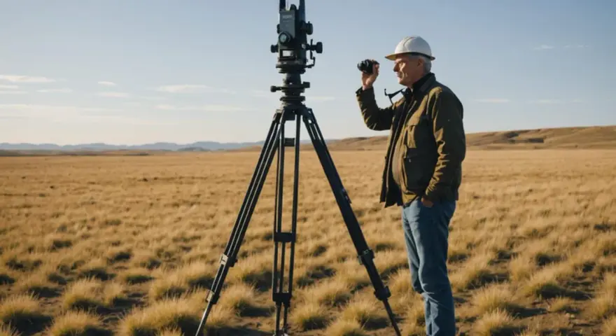 Geodeta w kasku pracuje ze sprzętem pomiarowym na pustkowiu. Zastanawiasz się, ile zarabia geodeta po studiach?