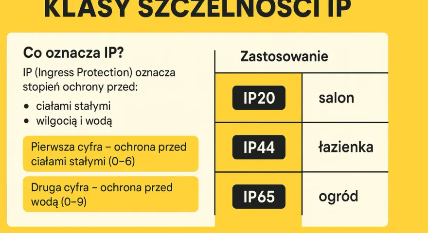 Tabela wyjaśnia, co oznacza IP, np. IP65, czyli stopień ochrony przed ciałami stałymi i wodą.