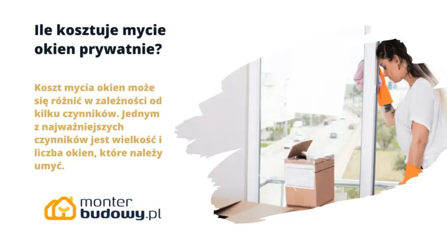 Ile kosztuje mycie okien? Cena zależy od wielkości i liczby szyb. Kobieta w pomarańczowych rękawicach myje okno.