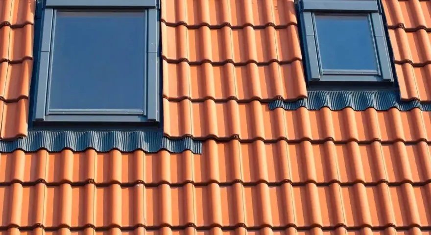 Dwa małe okienka w dachu z dachówki ceramicznej.