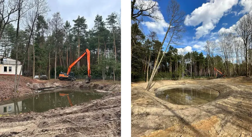 Powstaje nowy staw na zgłoszenie. Koparka pracuje przy brzegu, kształtując teren wokół wodnej przestrzeni.