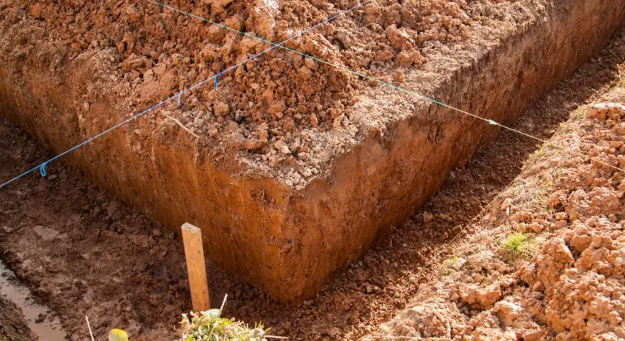 Wykonano wykop pod ławy fundamentowe. Widać ziemię, sznurki wyznaczające linie i drewniany palik.