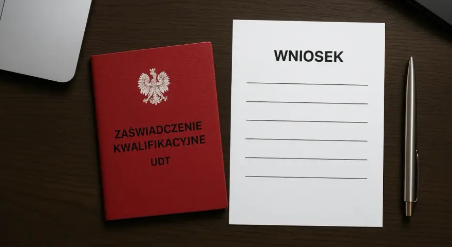Czerwona książeczka z orłem i napisem "Zaświadczenie Kwalifikacyjne UDT" obok formularza "Wniosek" i długopisu. Przygotowanie do złożenia wniosku o przedłużenie uprawnień UDT online.