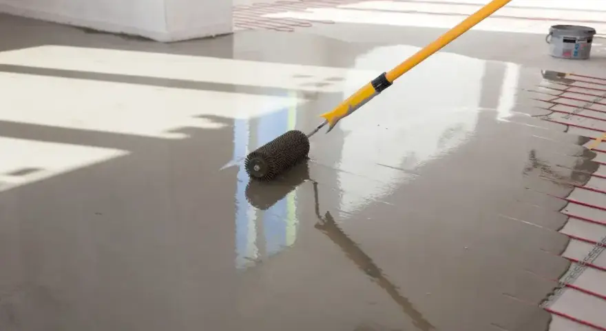 Wylewki maszynowe cena za m2 z materiałem. Wałek dociskowy rozprowadza świeżą masę po podłodze z ogrzewaniem podłogowym.