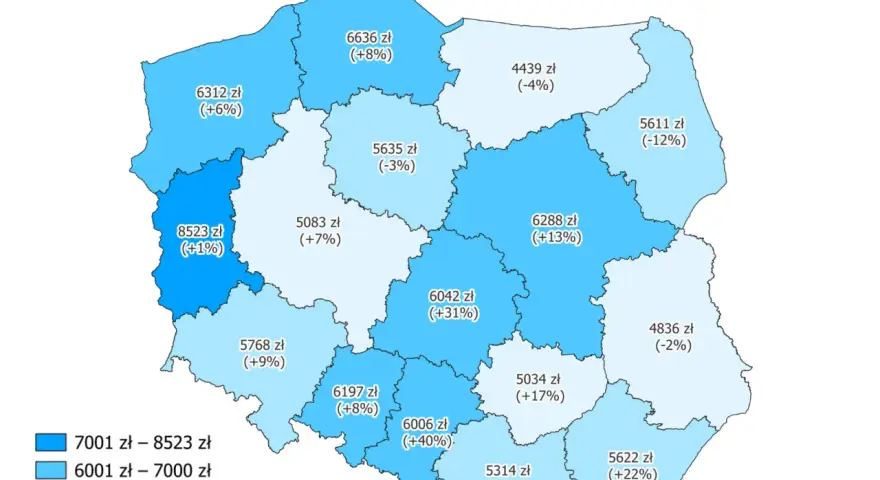Mapa Polski z zarobkami geodetów w 2023. Najwięcej zarabia się w woj. mazowieckim (8523 zł), najmniej w woj. opolskim (4439 zł).