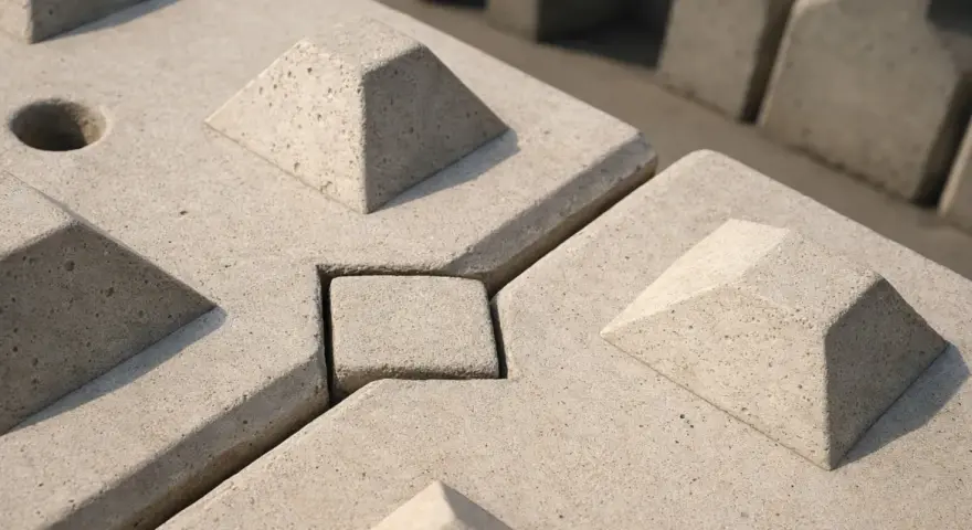 Betonowe pustaki zalewowe z wypustkami i wgłębieniami, tworzące stabilną, geometryczną powierzchnię.
