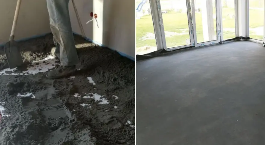 Praca nad wylewką: z jednej strony widać półsuchy beton na wylewkę, z drugiej gotową, gładką posadzkę.