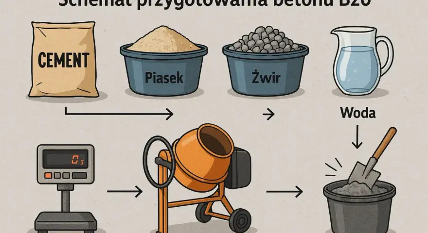 Schemat jak zrobić beton B20: cement, piasek, żwir i woda trafiają do betoniarki, a następnie do wiadra z łopatą.