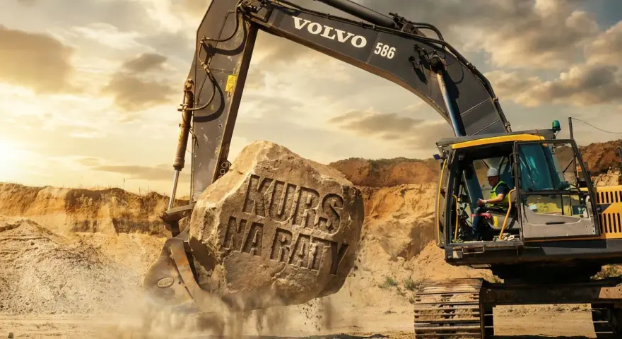 Koparka Volvo podnosi kamień z napisem "KURS NA RATY". Operator w kabinie, piasek i zachodzące słońce.