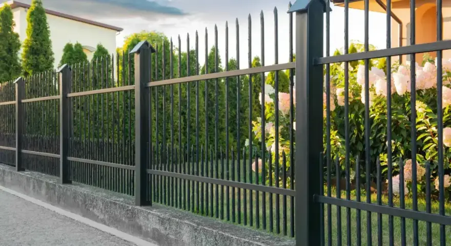 Betonowy murek jako alternatywa dla podmurówki pod ogrodzenie. Czarny metalowy płot z ostrymi zakończeniami.