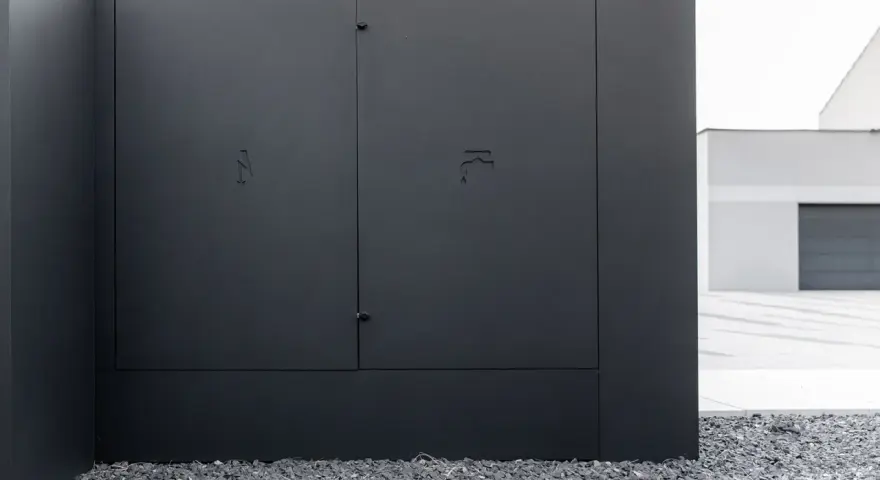Nowoczesna, czarna skrzynka elektryczna w ogrodzeniu, z dyskretnymi symbolami błyskawicy i kranu.