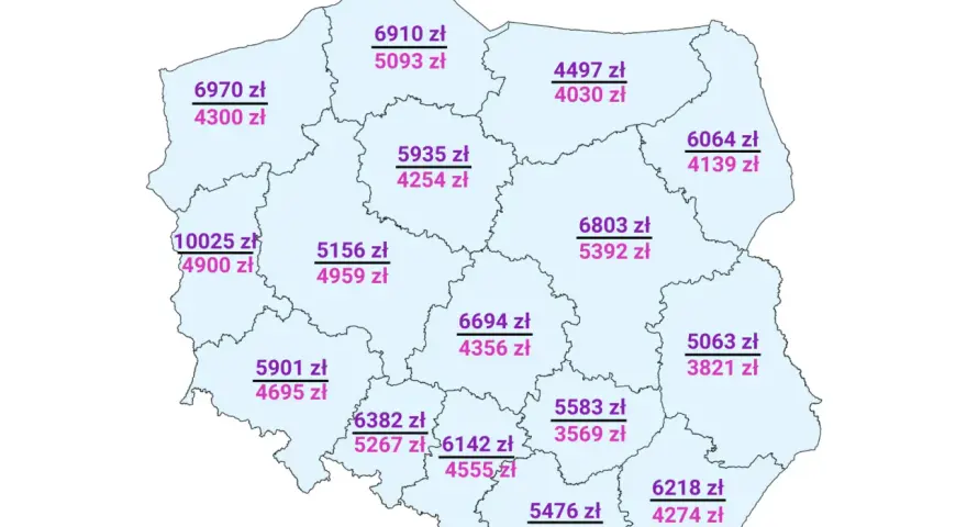 Mapa Polski z zarobkami geodetów. Średnie miesięczne wynagrodzenie netto geodety powiatowego w 2023 r. waha się od 4030 zł do 4900 zł.