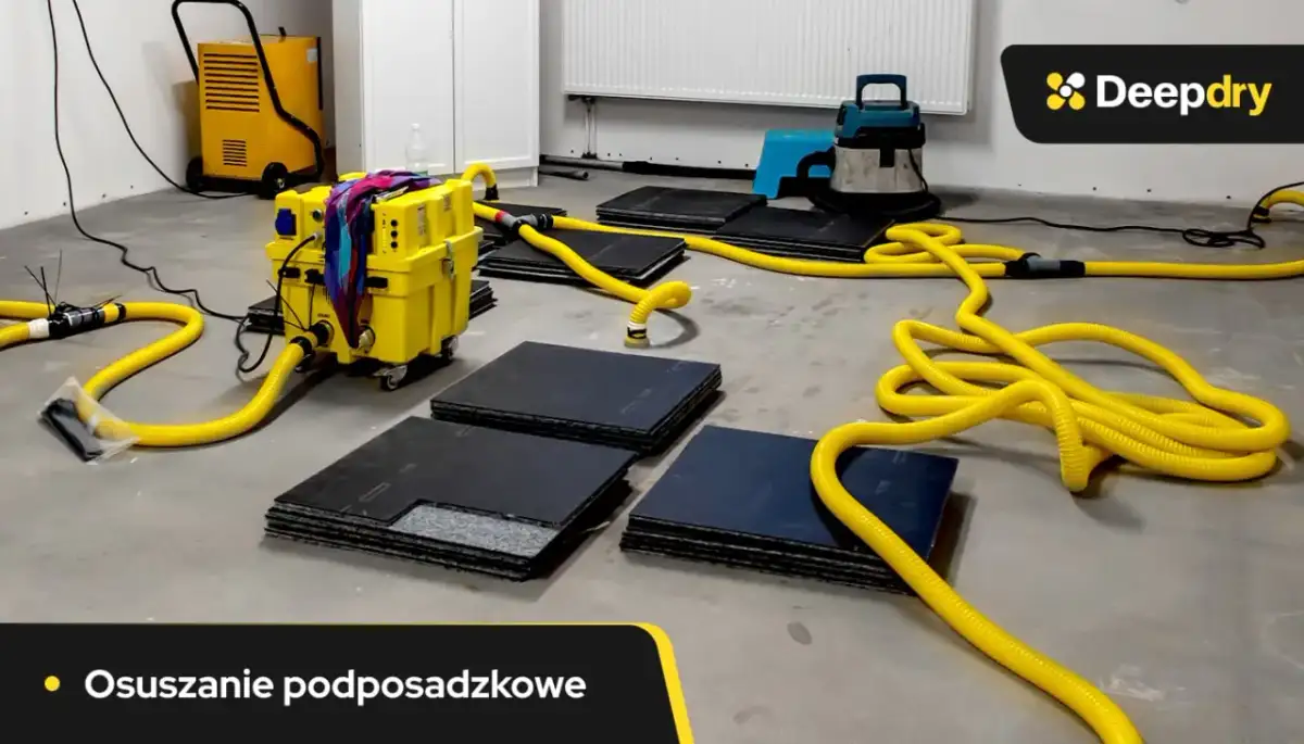 Profesjonalne osuszanie podposadzkowe z użyciem żółtych węży i żółtej maszyny. Sprawdź naszą ofertę i poznaj osuszanie podposadzkowe cena.