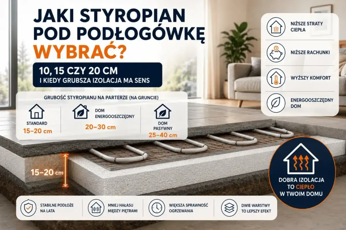 Przekrój podłogi z ogrzewaniem, pokazujący różne grubości styropianu: 15-20 cm dla standardu, 20-30 cm dla domu energooszczędnego, 25-40 cm dla domu pasywnego.