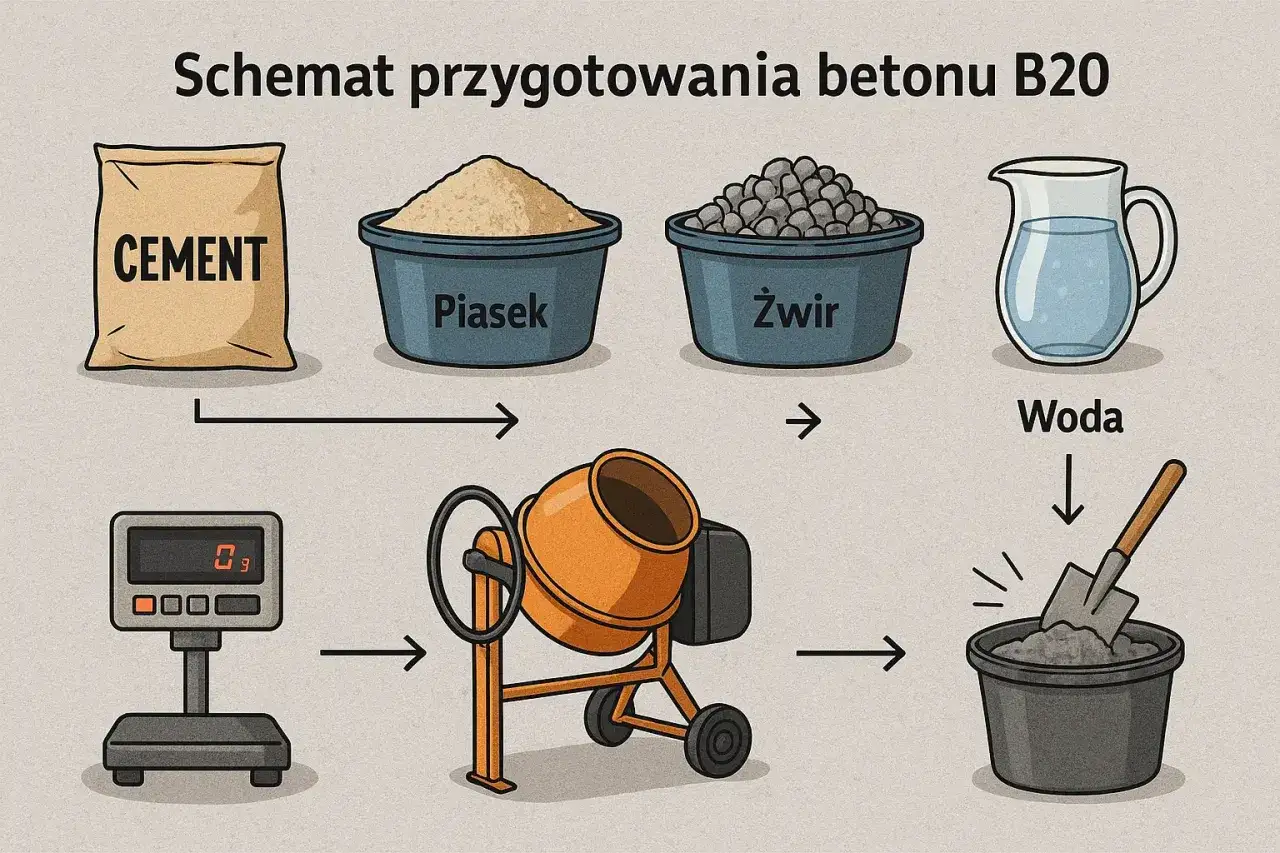 Schemat przygotowania betonu B20: cement, piasek, żwir, woda. Waga pokazuje, ile cementu na betoniarkę 100l.