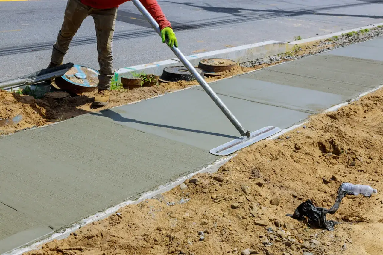 Robotnik wygładza świeży beton na chodniku, dbając o właściwe proporcje betonu B25.