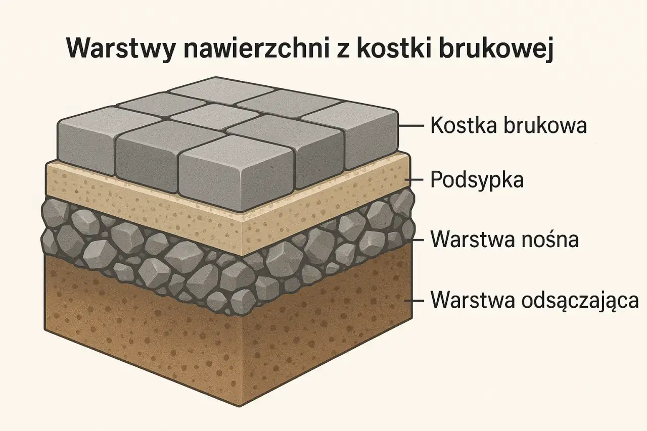 Warstwy nawierzchni z kostki brukowej: kostka, podsypka, warstwa nośna i odwadniająca. Kluczowe jest ile kamienia pod kostkę, by była trwała.