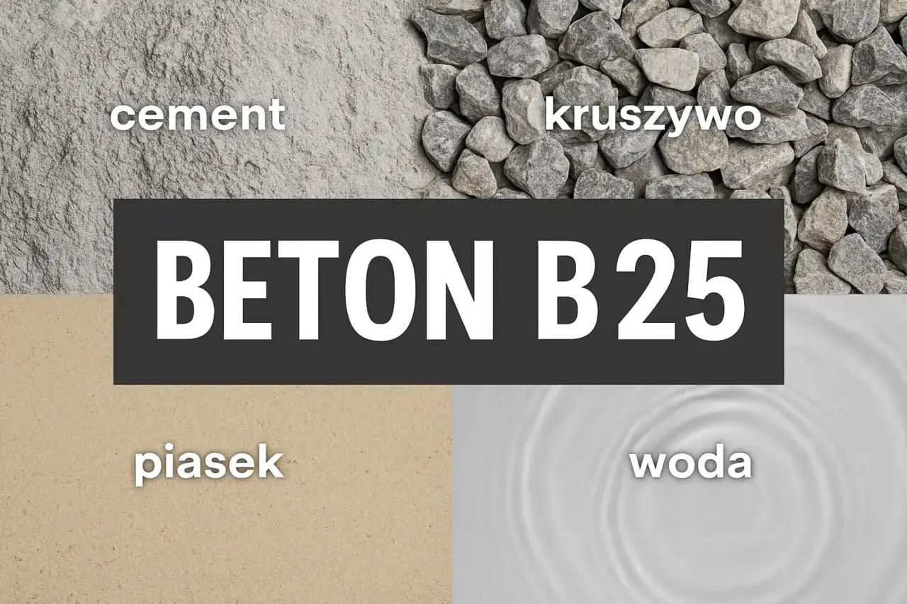 Składniki betonu B25: cement, kruszywo, piasek, woda.