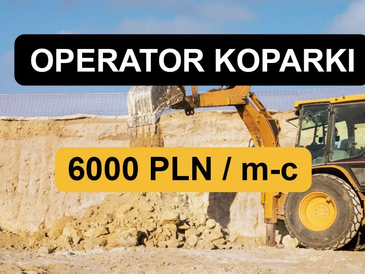 Operator koparki zarabia 6000 PLN miesięcznie. Żółta koparka pracuje na budowie, kopiąc ziemię.