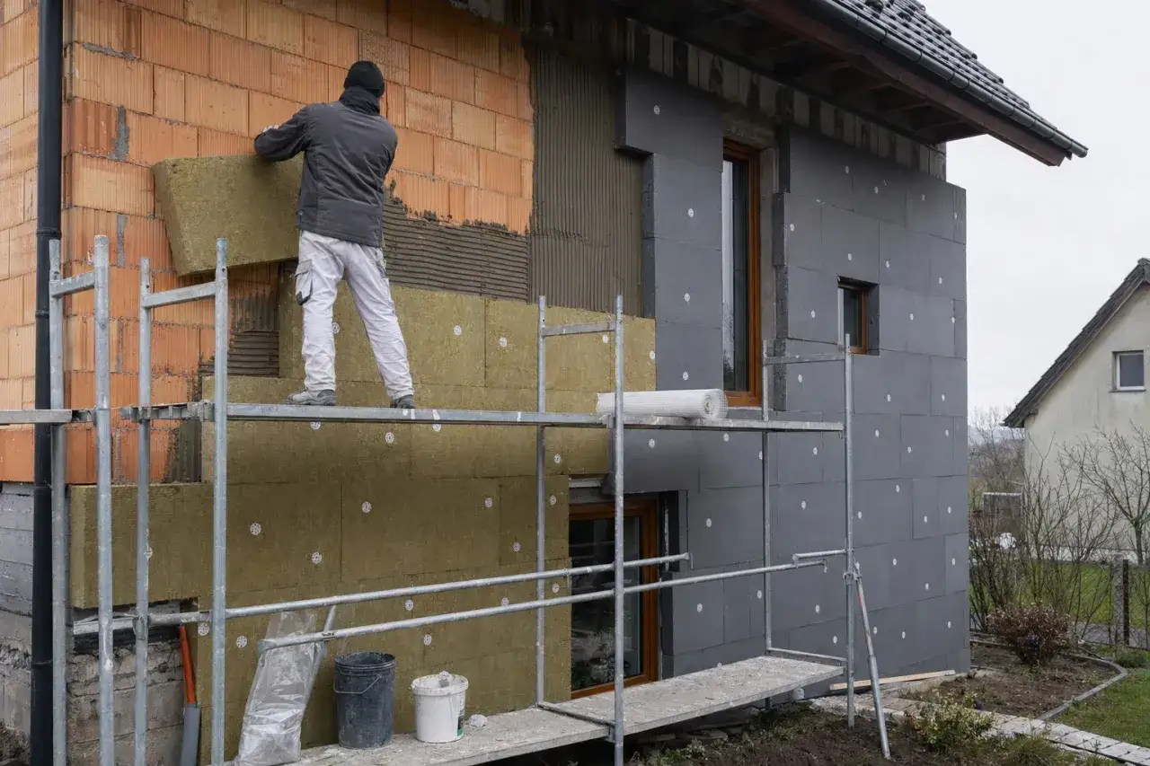 Pracownik na rusztowaniu montuje wełnę mineralną na ścianie domu, przygotowując ją pod tynk na elewację.