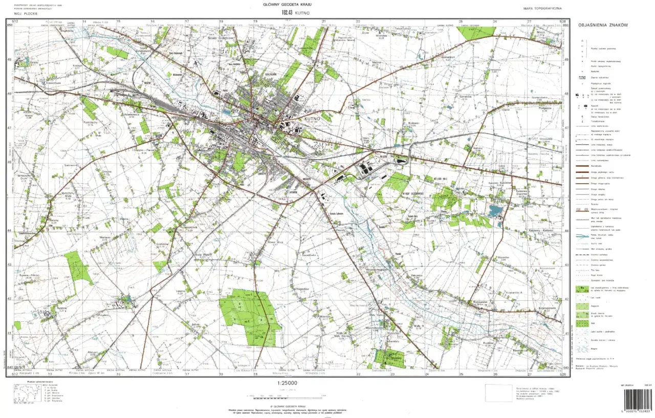Mapa topograficzna przedstawia teren wokół Kutna, gdzie geodeta ustala granice, analizując sieć dróg, rzek i zabudowań.