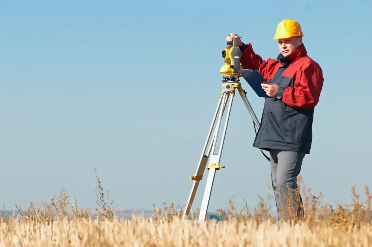Geodeta w żółtym kasku pracuje z tachimetrem w polu. Zastanawiasz się, ile kosztuje geodeta z gminy?