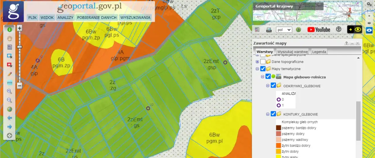 Mapa glebowo-rolnicza na Geoportalu.pl pokazuje różne klasy ziemi, pomagając sprawdzić klasę ziemi.