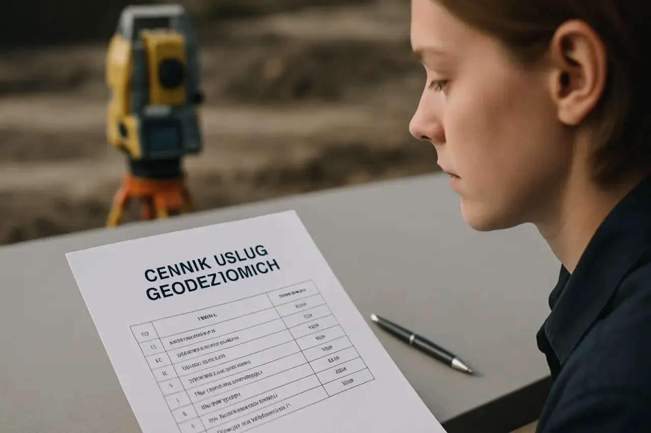 Młoda osoba analizuje cennik usług geodezyjnych, zastanawiając się, ile kosztuje geodeta z gminy. W tle widać tachimetr.
