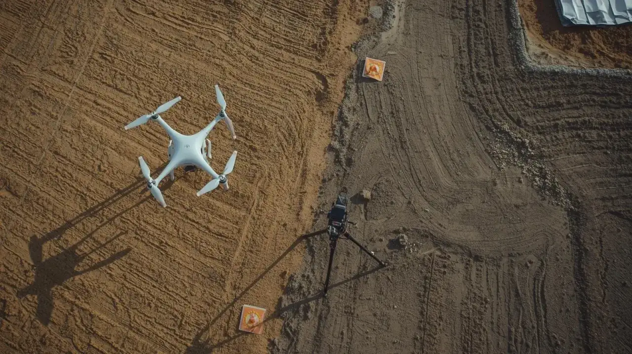 Dron i statyw z kamerą na placu budowy. Tak właśnie co robi geodeta, dokumentując teren.