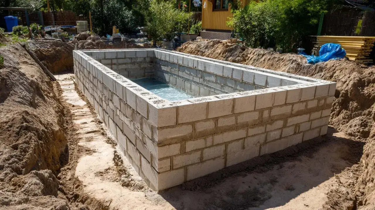 Budowa basenu w domu to inwestycja. Widać fundamenty z bloczków betonowych i wykop.
