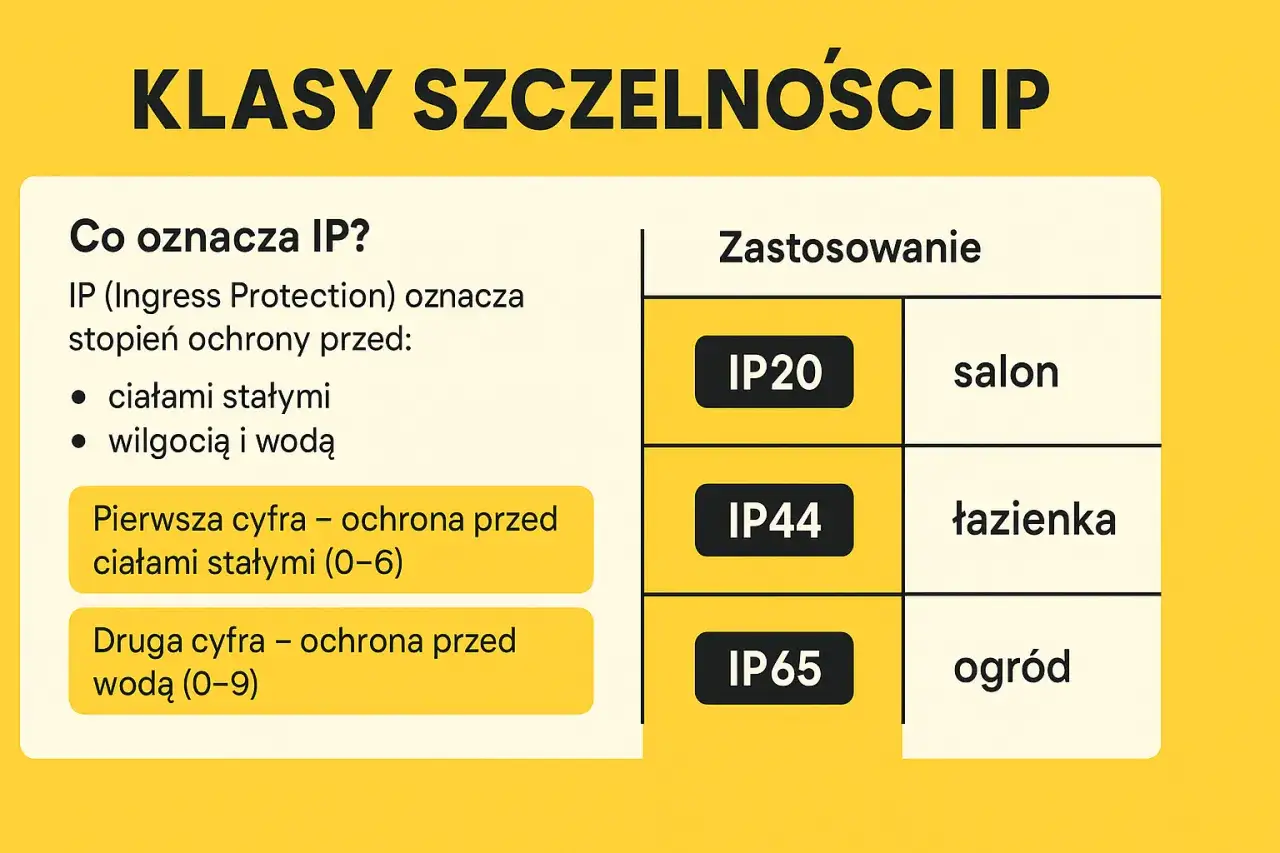 Klasy szczelności IP: IP20 (salon), IP44 (łazienka), IP65 (ogród). IP co oznacza? Stopień ochrony przed ciałami stałymi i wodą.