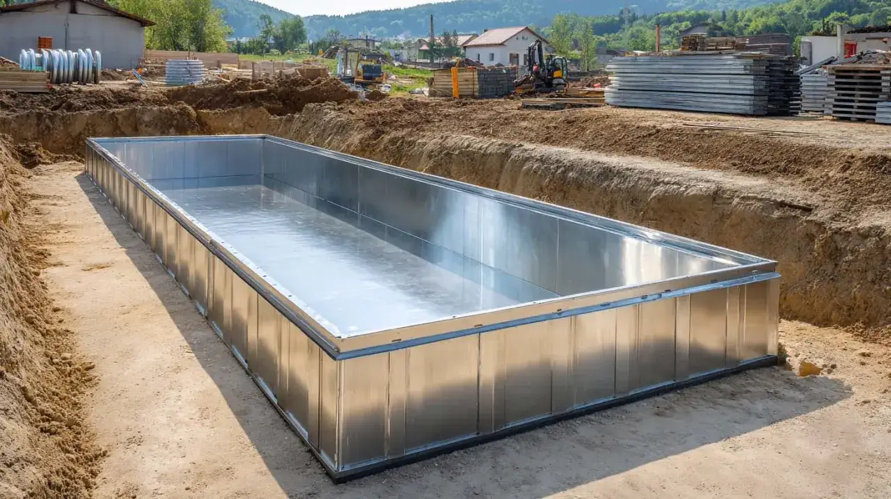 Budowa basenu w domu: metalowa niecka w wykopie, plac budowy z koparkami i materiałami.