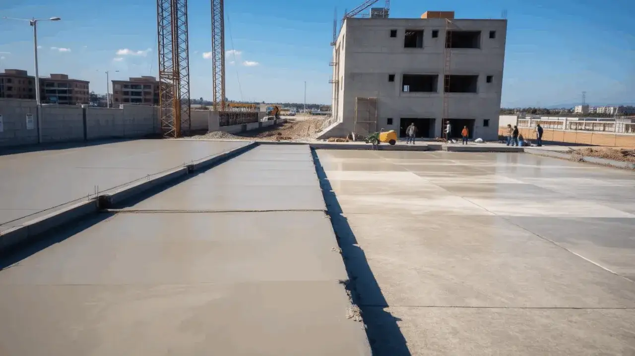 Plac budowy z wylewanym betonem C20/25. Widać świeżo wylane płyty betonowe, budynek w stanie surowym i dźwigi.