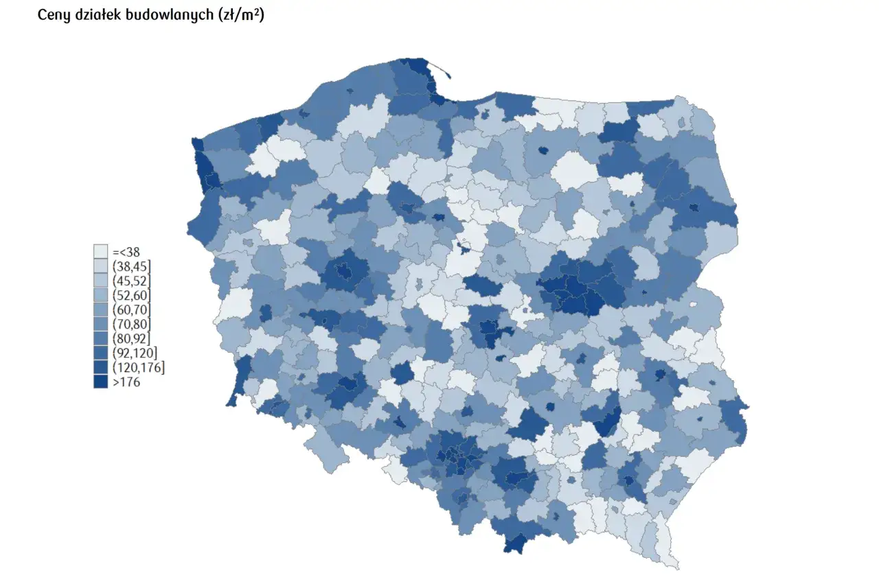 Mapa Polski z zaznaczonymi cenami działek budowlanych na wsi. Różne odcienie niebieskiego pokazują przedziały cenowe od najniższych (<38 zł/m²) do najwyższych (>176 zł/m²).