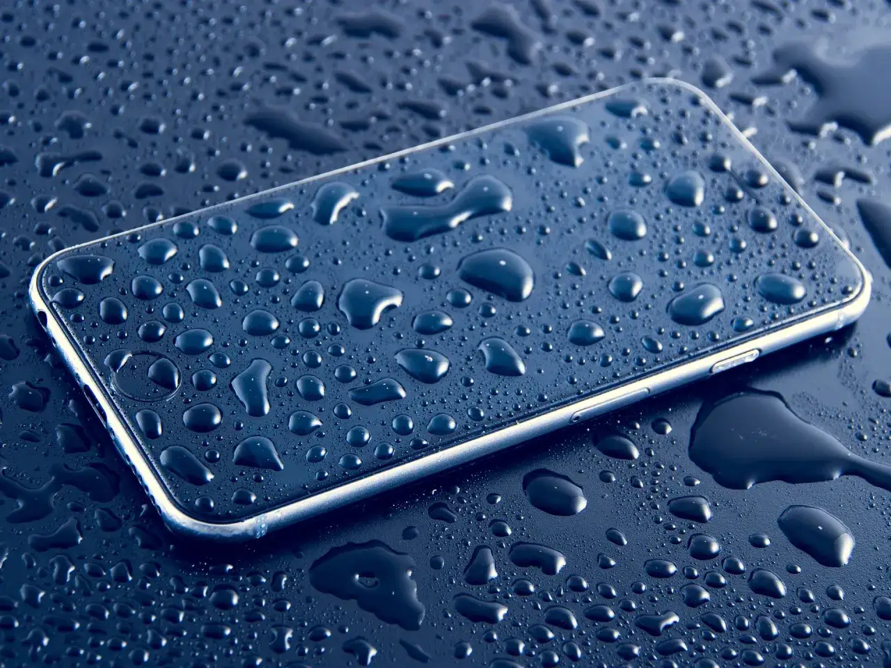 Smartfon pokryty kroplami wody. IP55 co oznacza? Ochronę przed pyłem i strumieniem wody.